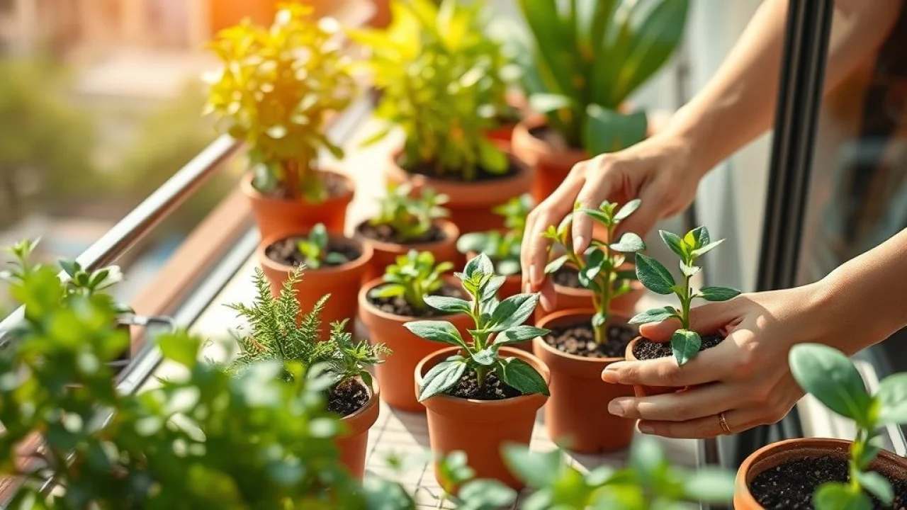 Close-up of diverse hands tending to miniature potted plants on a sunlit Brazilian balcony, vibrant Mãos diversas cuidando de mini vasos de plantas em varanda ensolarada no Brasil.