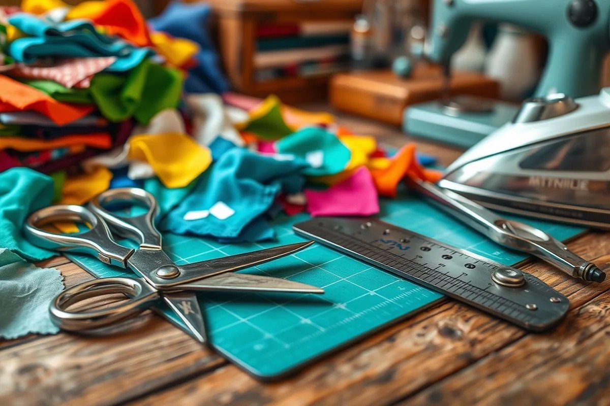 Ferramentas essenciais para patchwork: tecidos, tesoura, régua e máquina.