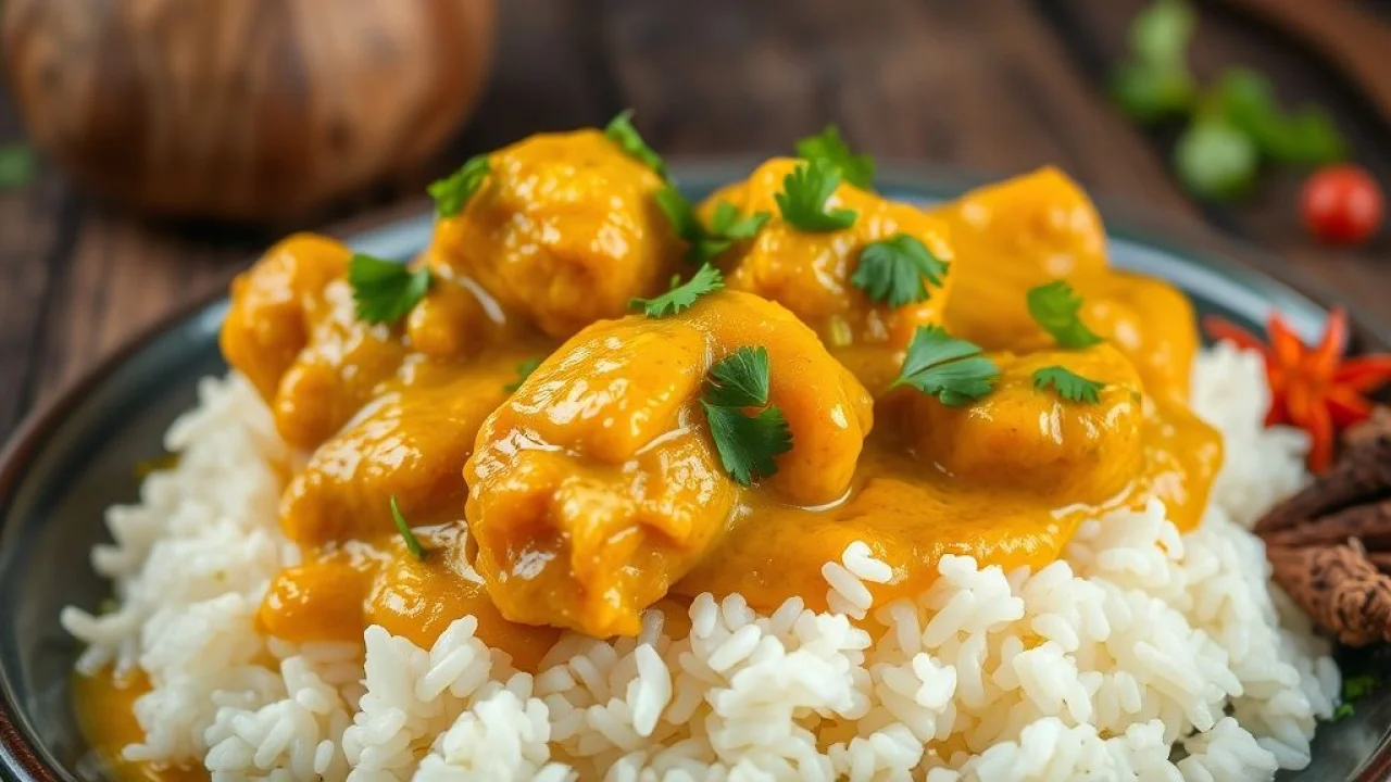 Frango ao curry com leite de coco e arroz basmati.