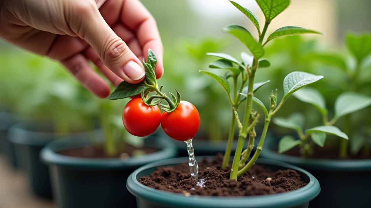Regando tomate cereja em vaso.