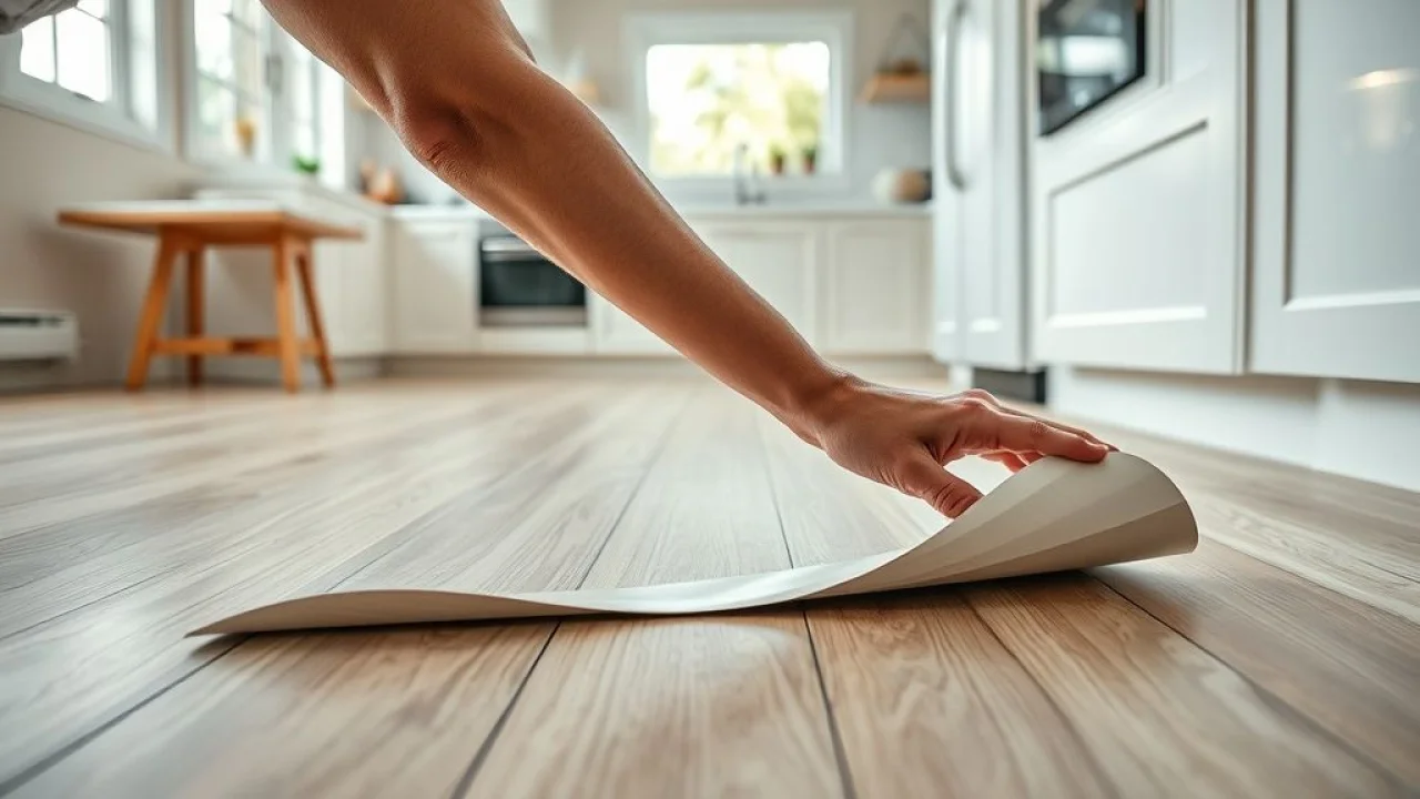 Aplicação de piso vinílico adesivo em cozinha, reforma DIY.