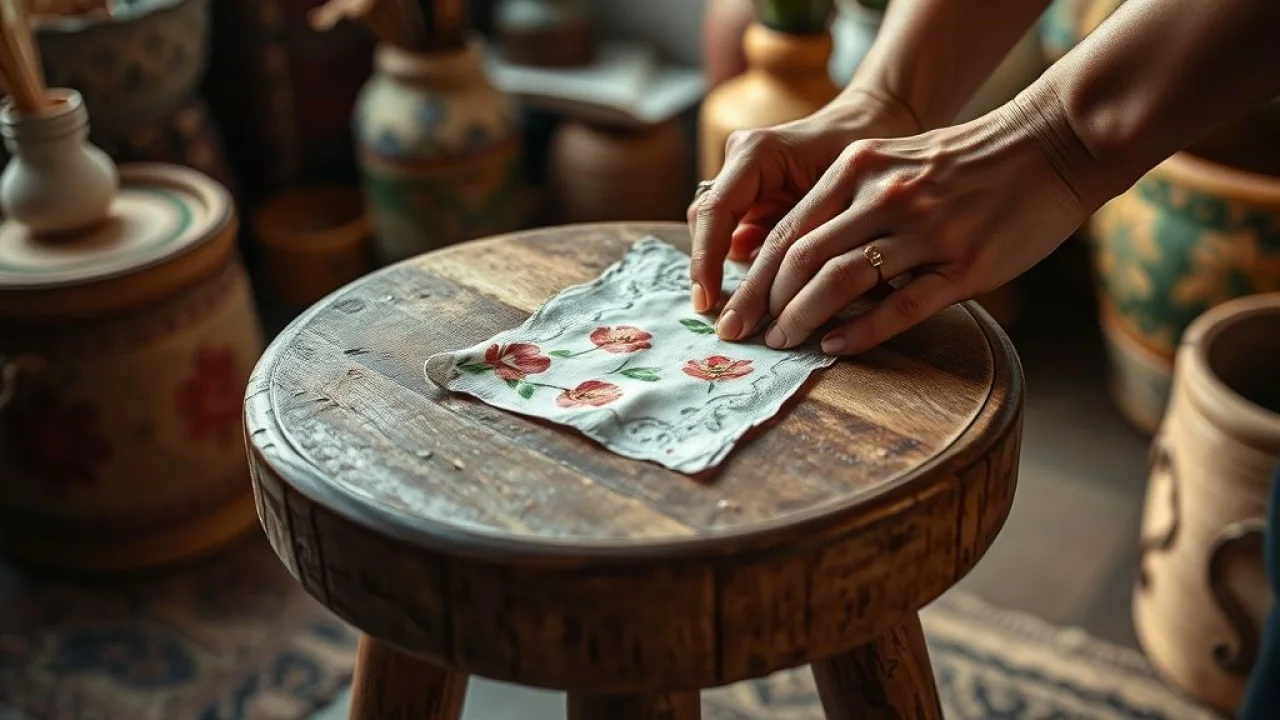 Mãos fazendo decoupage em banquinho de madeira, estampa floral