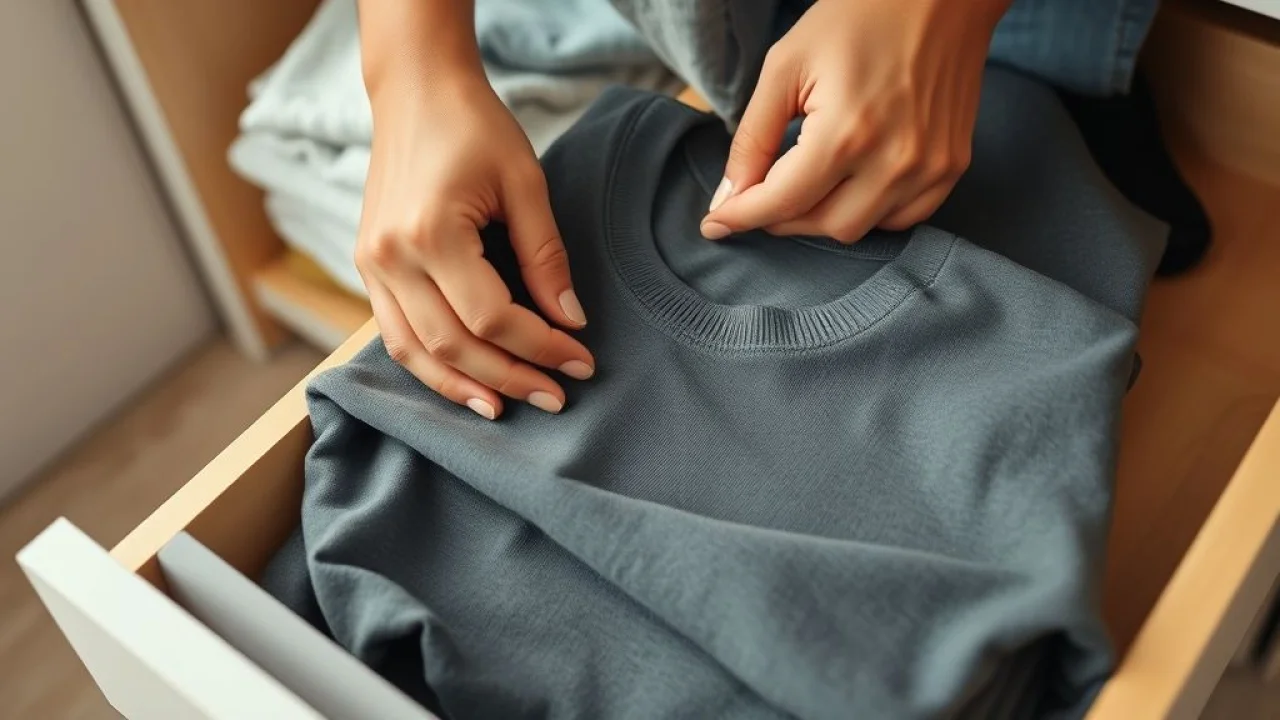 Mãos dobrando camiseta usando o método KonMari em gaveta organizada.