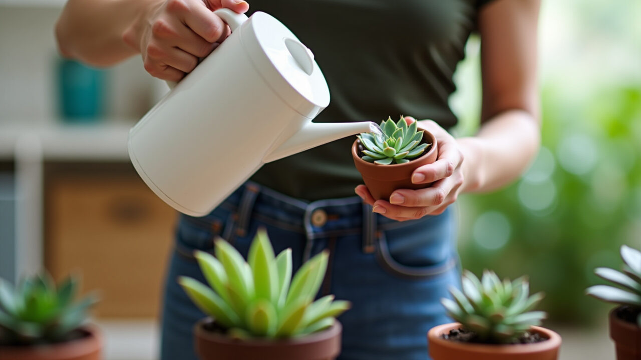 Mãos regando uma suculenta em vaso com regador.