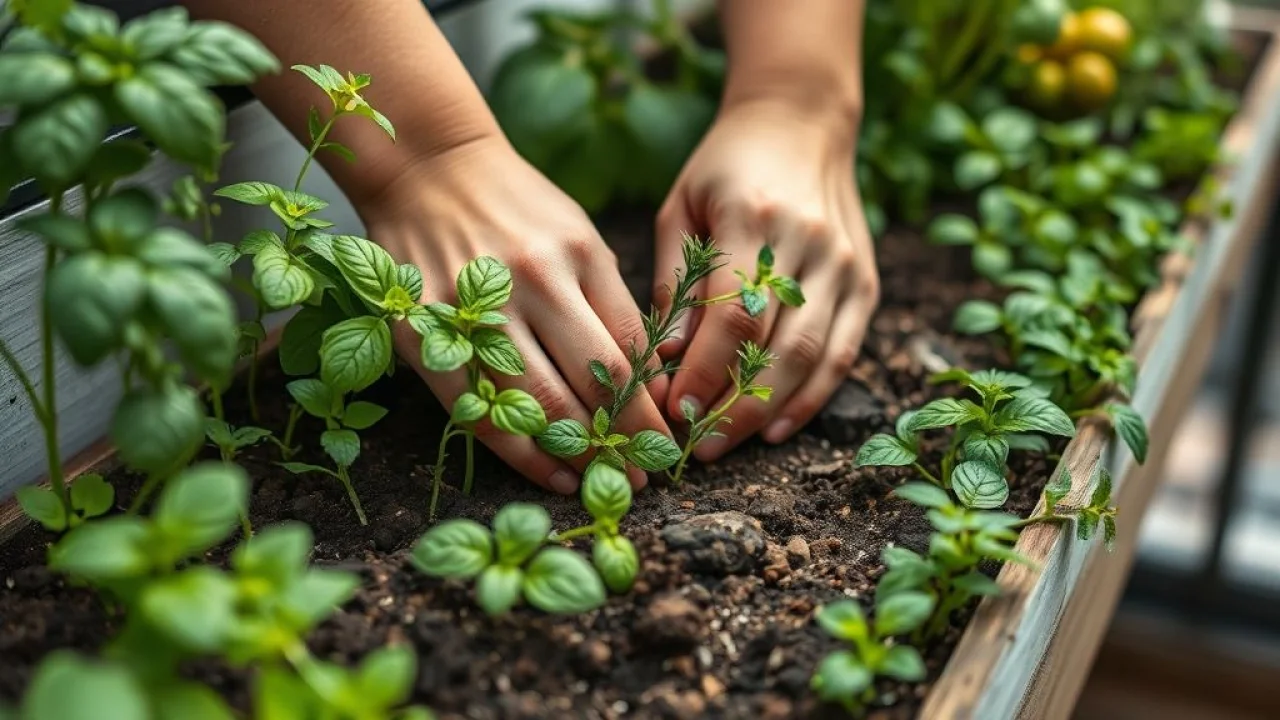 Mãos plantando ervas aromáticas em jardim vertical, detalhes do solo e plantas.