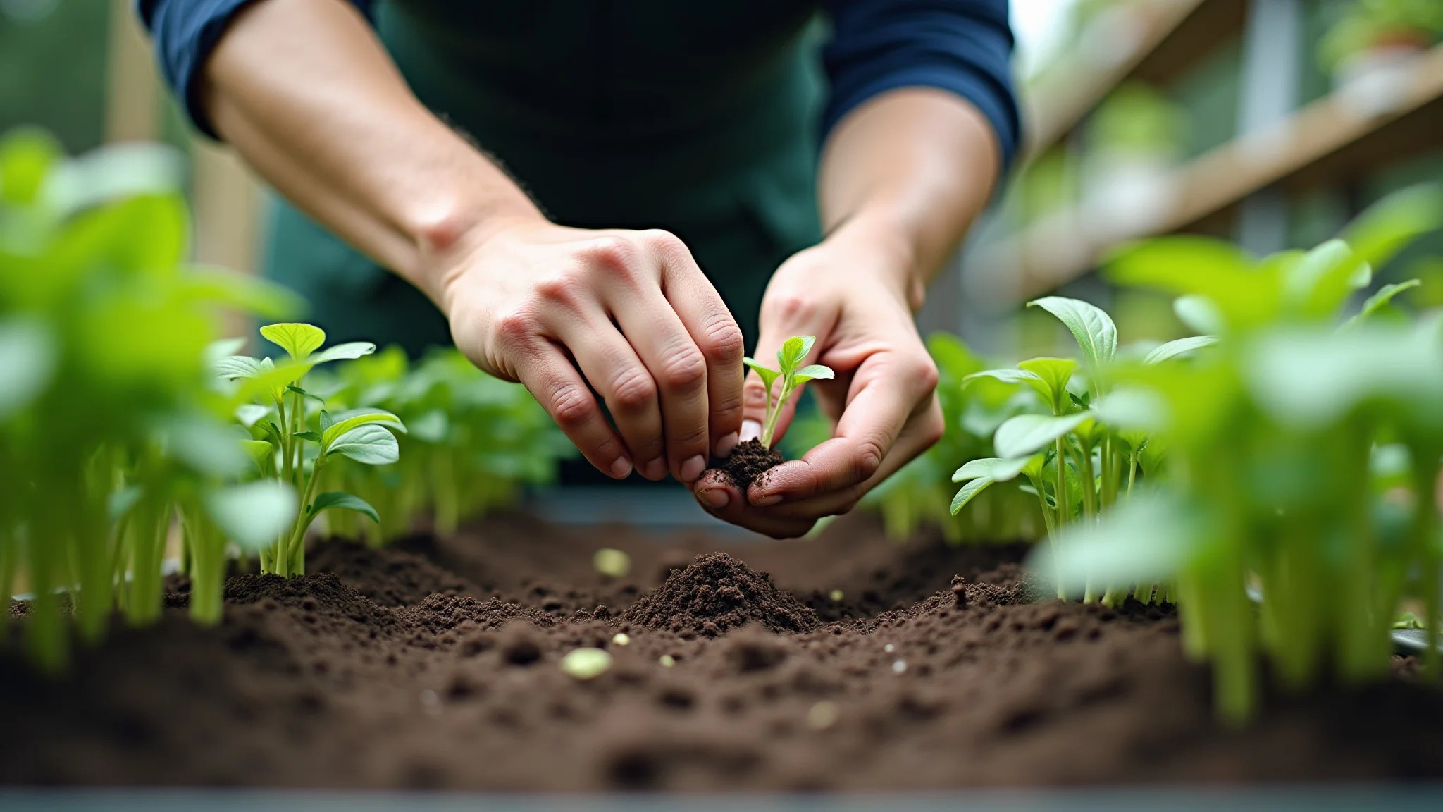 Mãos plantando mudas em estrutura de jardim vertical com substrato rico.