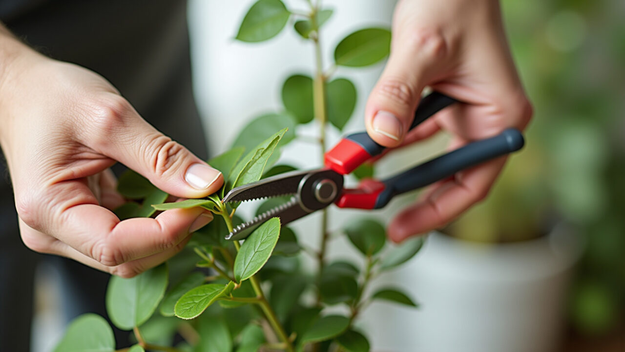 Mãos podando folhas secas de planta interna com tesoura.