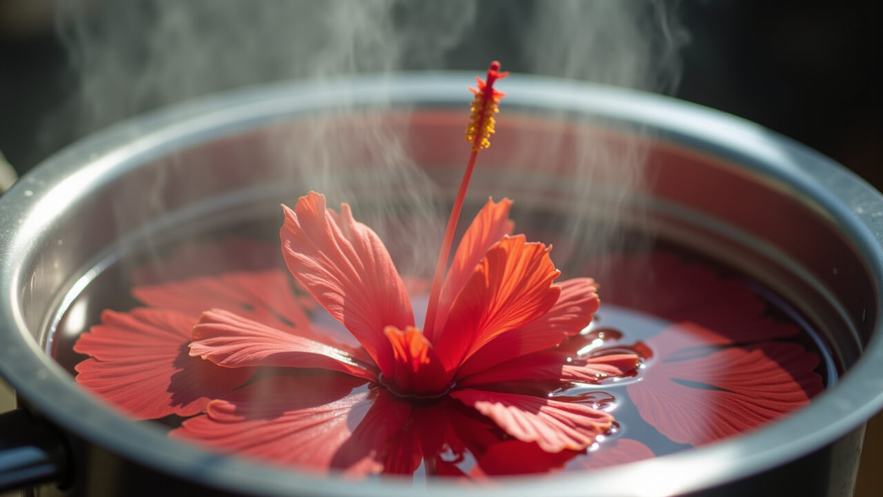 Chá de hibisco sendo preparado.