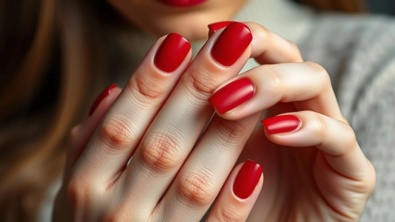 Close-up of manicured hands with matte red nail polish, showcasing the velvety texture, soft Unhas vermelhas matte, close-up, efeito aveludado, beleza e elegância.