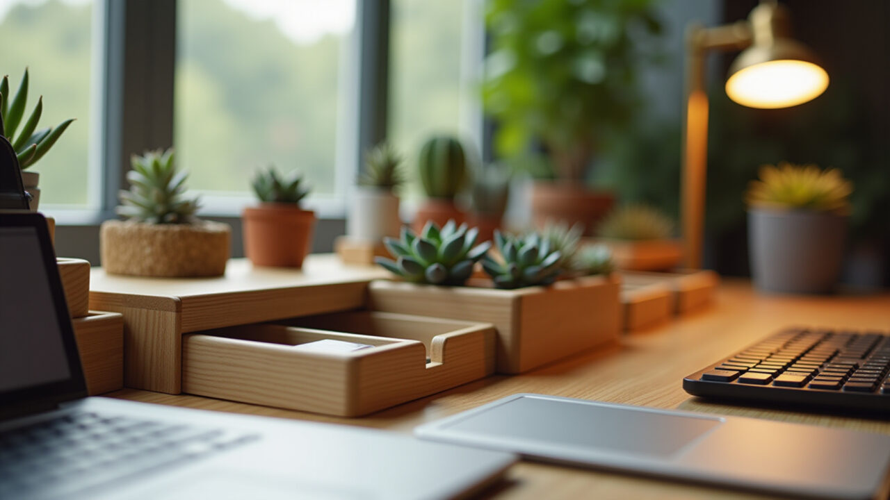 Mesa de escritório organizada com organizadores de madeira e suculentas.