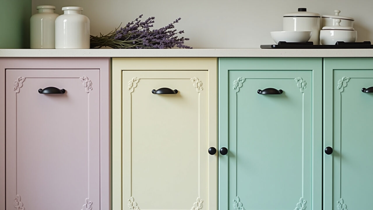 Detalhe de armários provençais com acessórios vintage e lavanda.