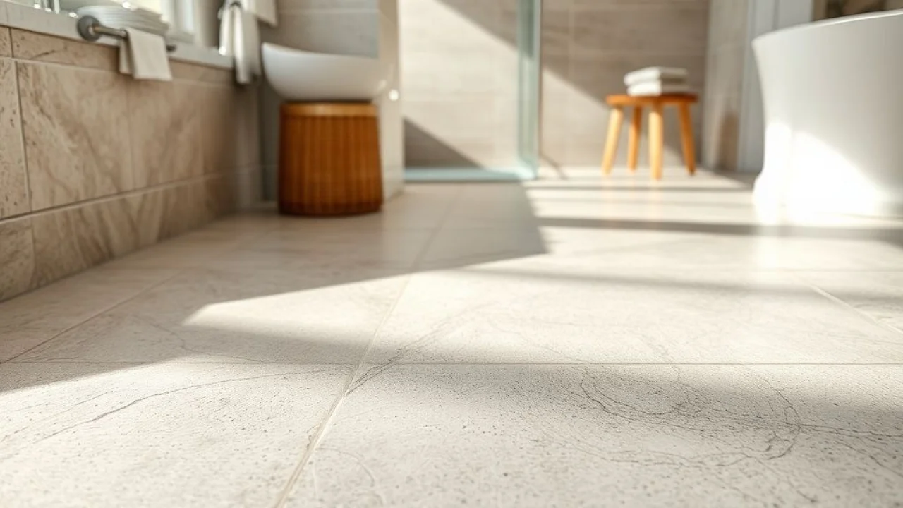 Detalhe de piso de porcelanato texturizado em banheiro brasileiro