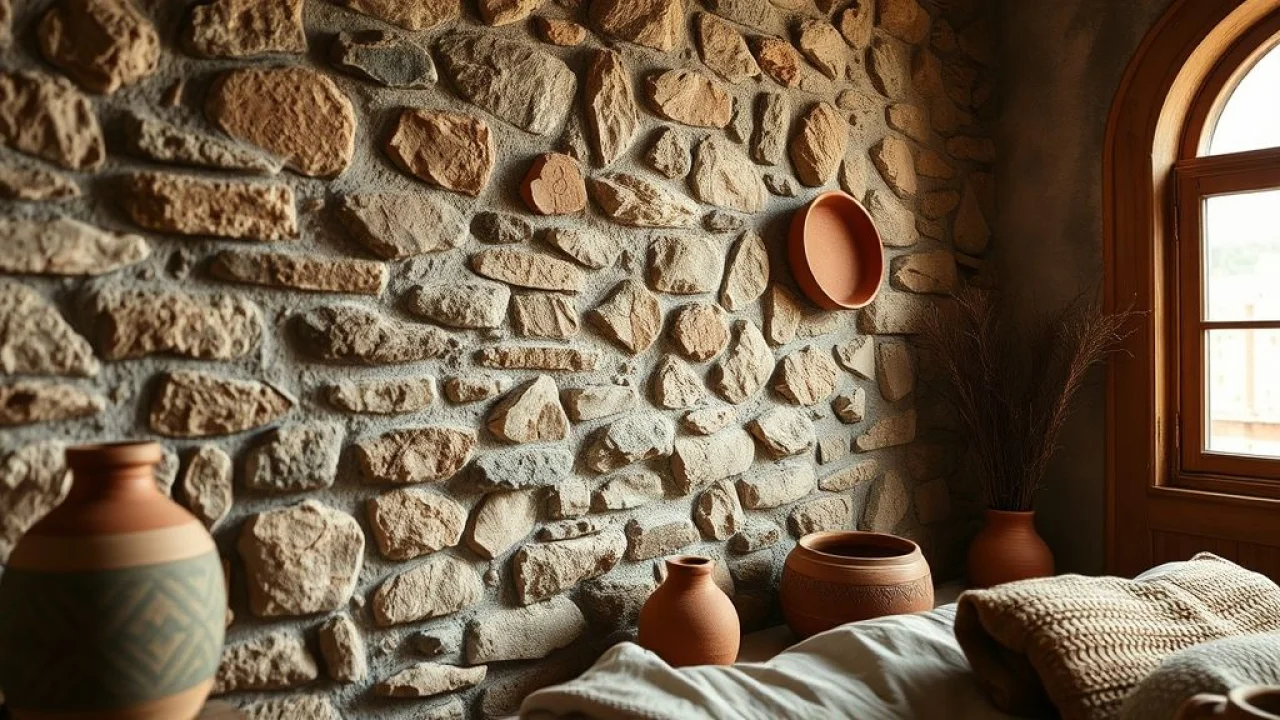Detalhe de parede rústica chique com pedra, madeira e cerâmica brasileira.