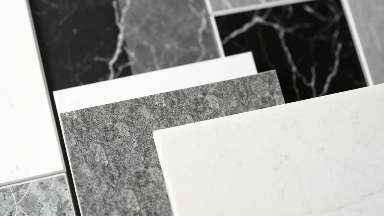 Amostras de pastilhas adesivas para banheiro: PVC, vinil e poliuretano.