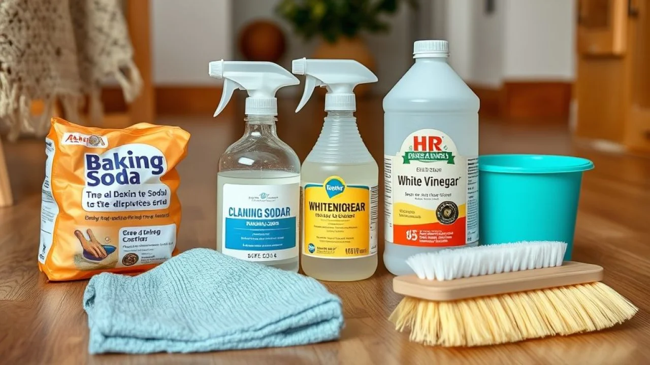 Materiais para limpeza de sofá a seco: bicarbonato, vinagre, borrifador, pano.