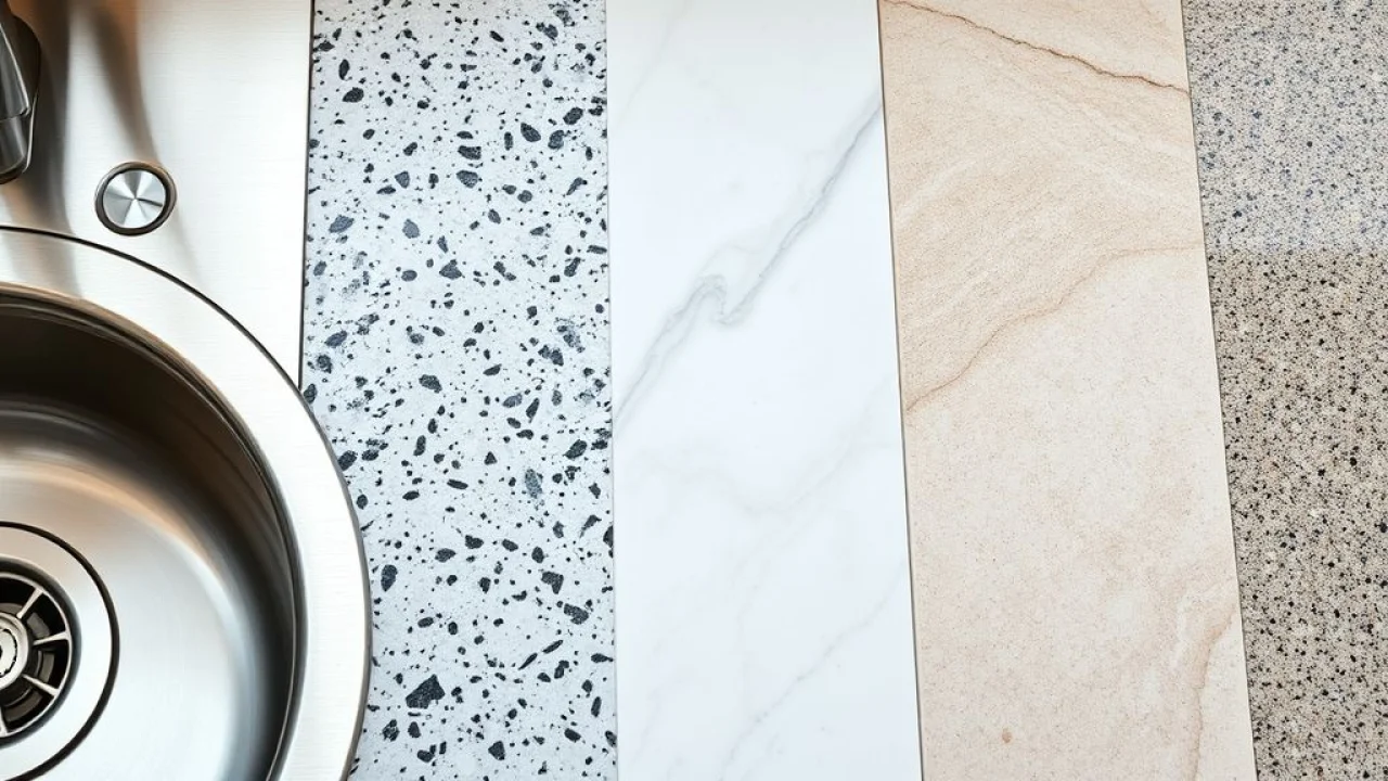 Amostras de materiais para pia de cozinha: inox, granito, mármore e pedra sintética.
