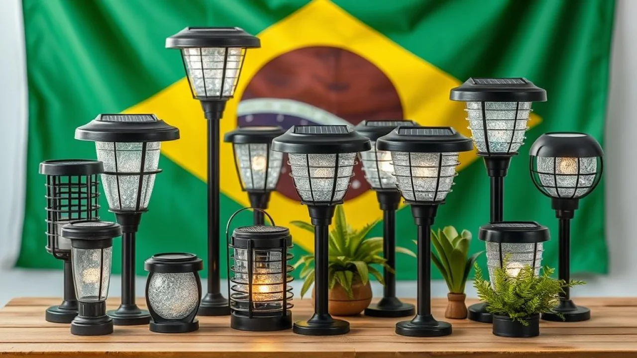 Diversos modelos de luminárias solares para jardim: balizadores, estacas e refletores.
