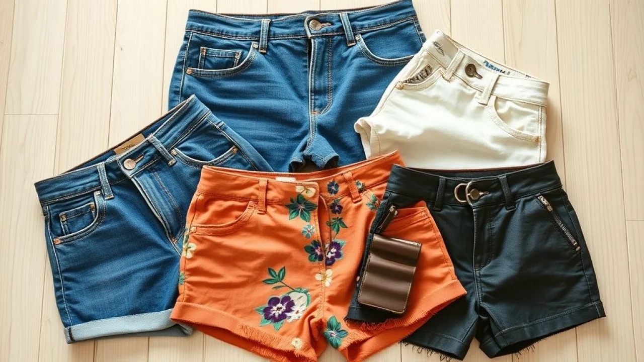 Variedade de shorts da moda: jeans cintura alta, linho, estampados e couro