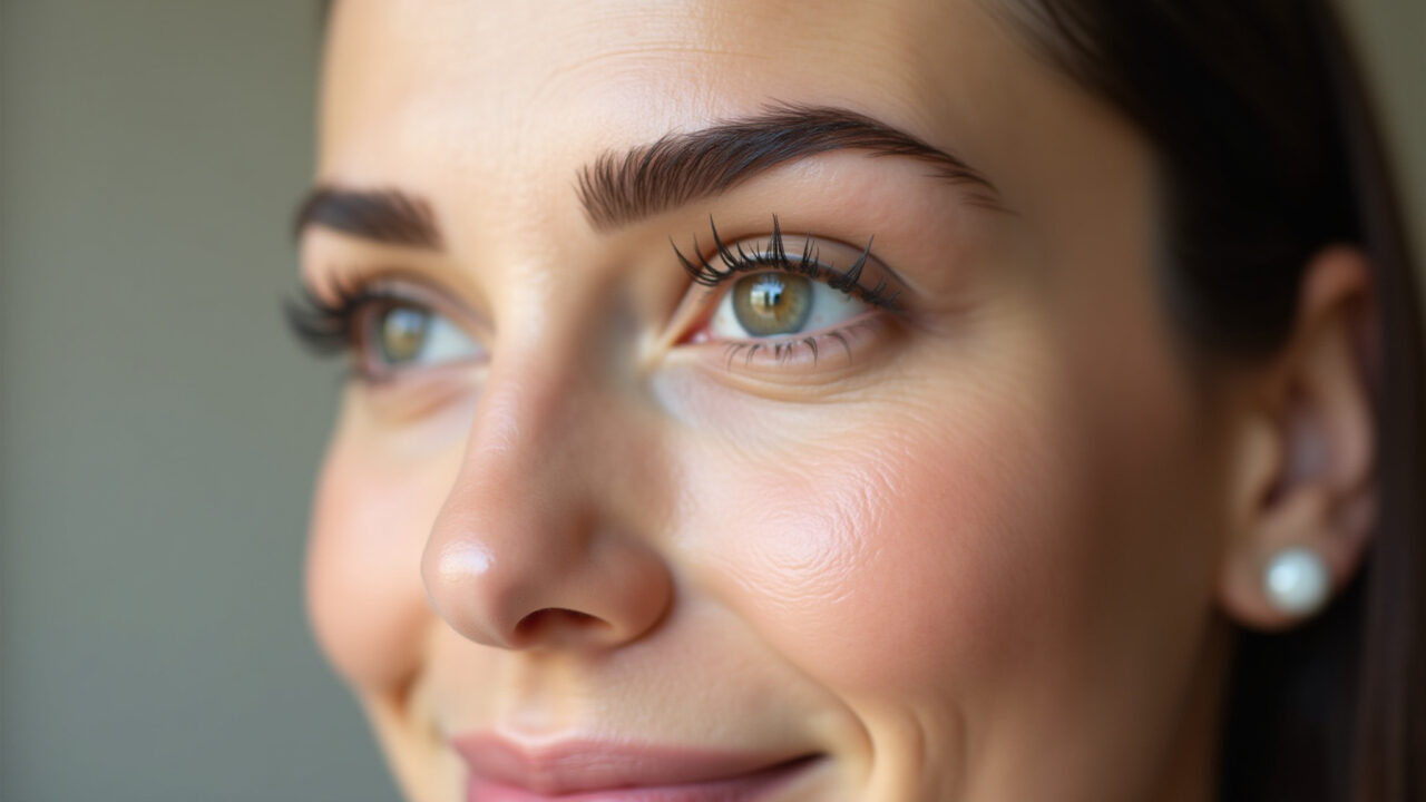 Sobrancelhas bem definidas em rosto com olhos orientais.