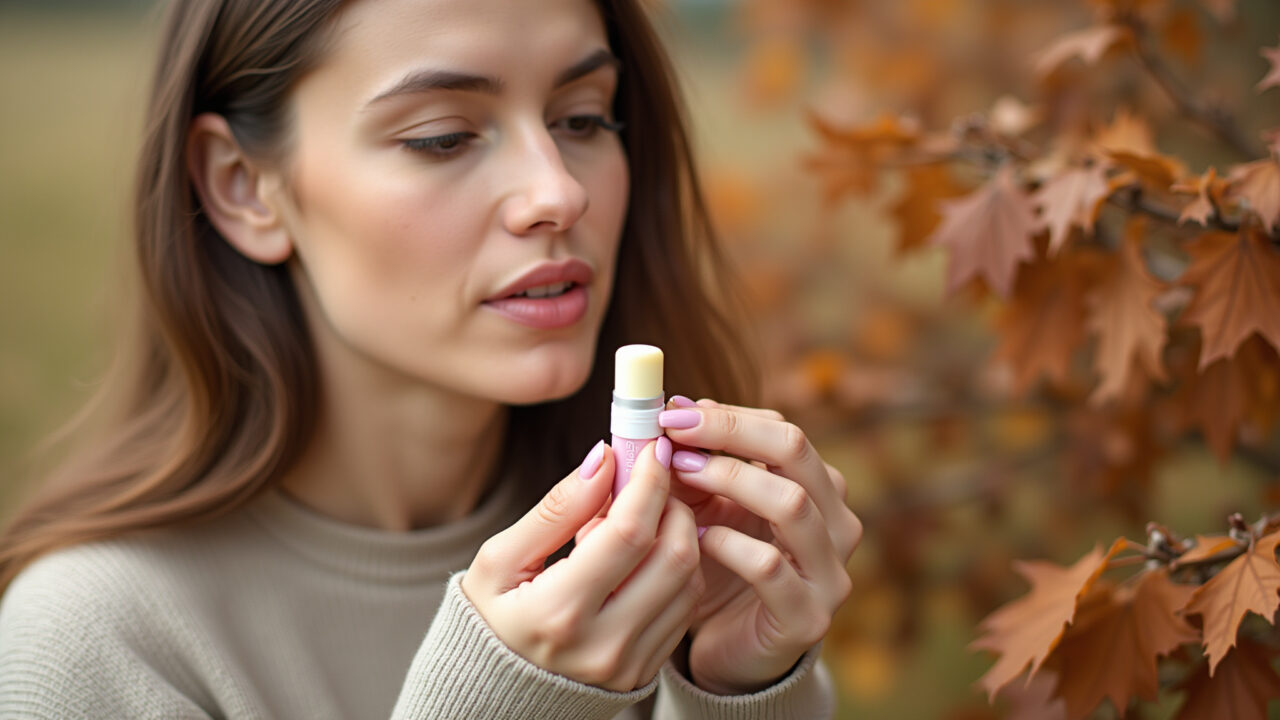 Mulher aplicando protetor labial no outono.
