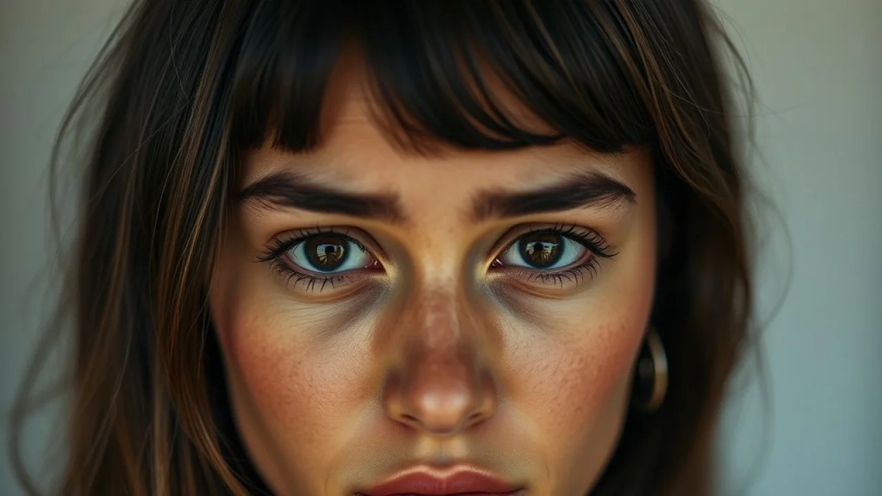 Mulher brasileira jovem preocupada com olheiras, foco nos olhos.