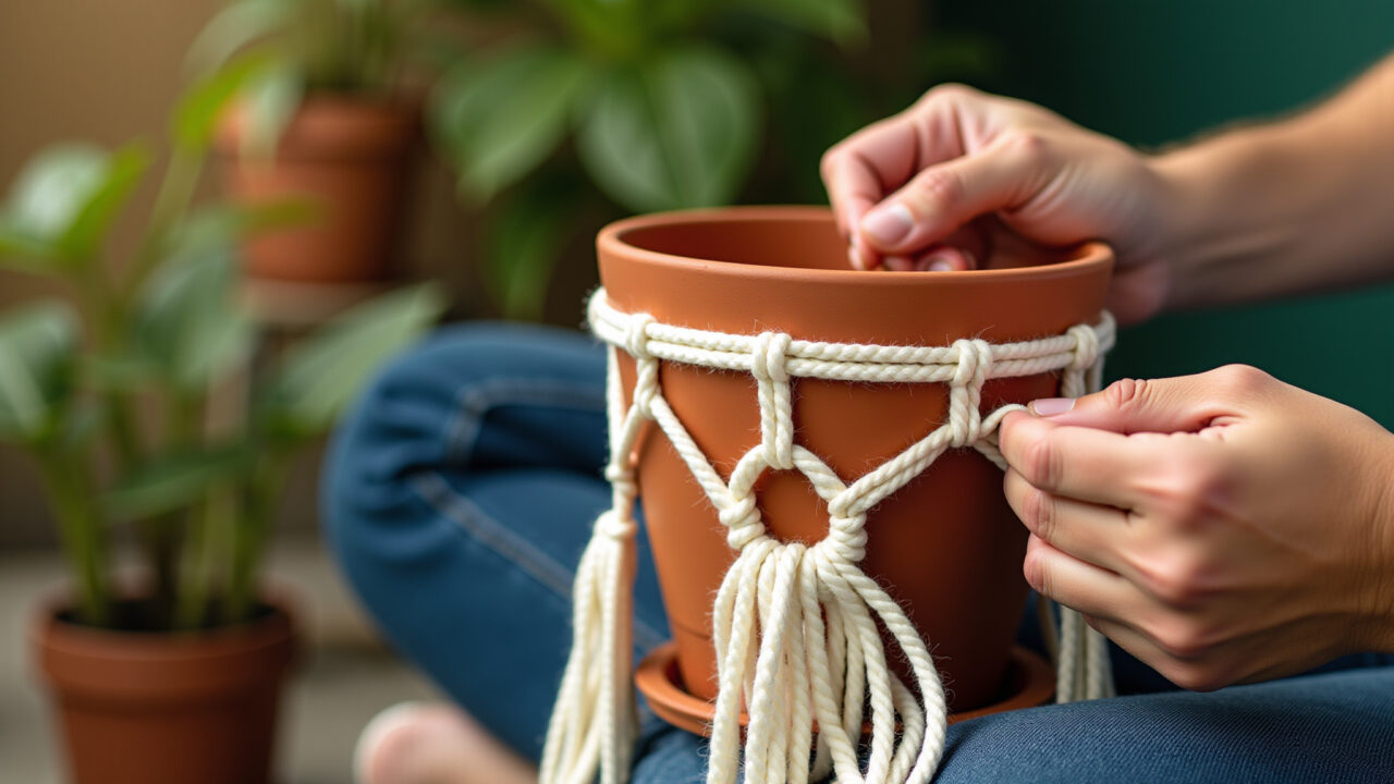 Mãos habilidosas criando macramê em vaso de cerâmica.