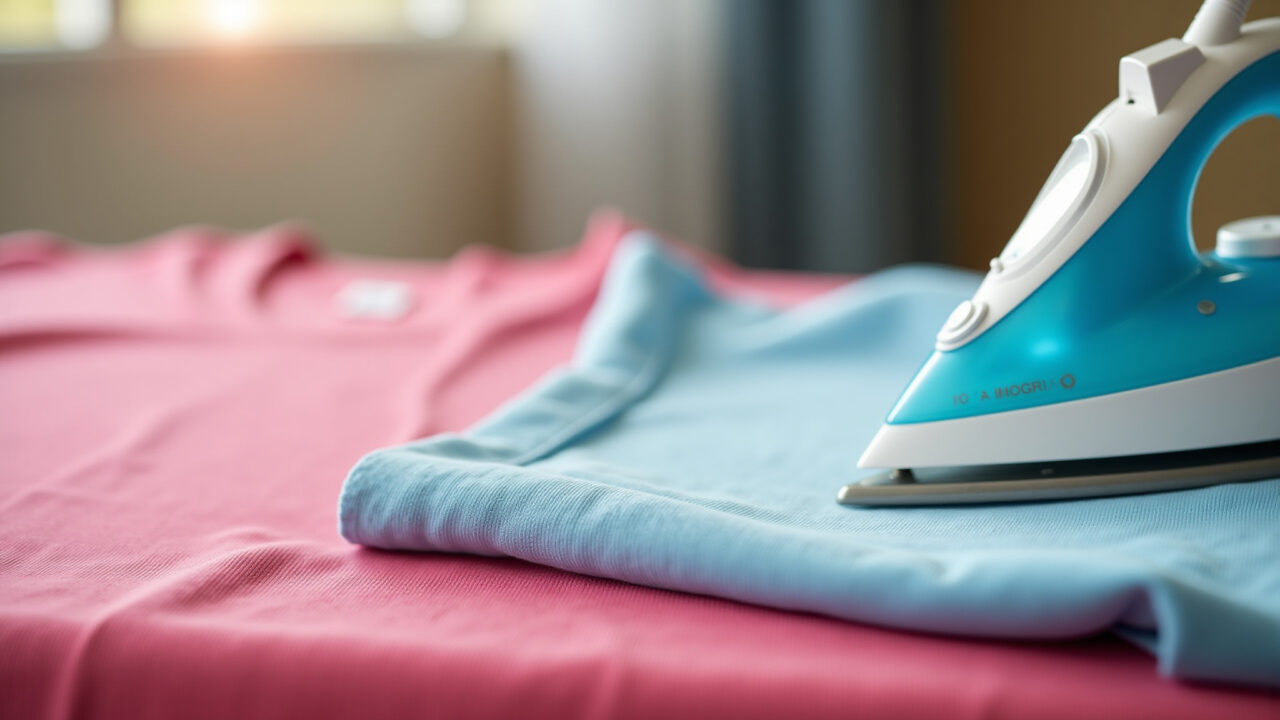 Ferro limpo deslizando suavemente sobre camisa colorida.