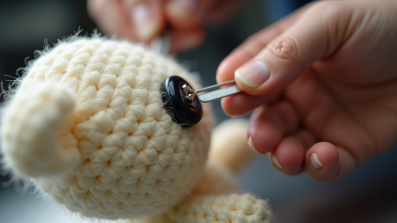 Costurando olho de botão em amigurumi após lavagem.