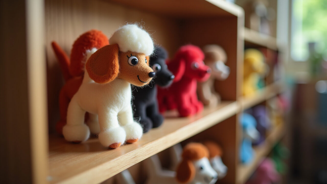 Poodle de feltro artesanal em prateleira de madeira.