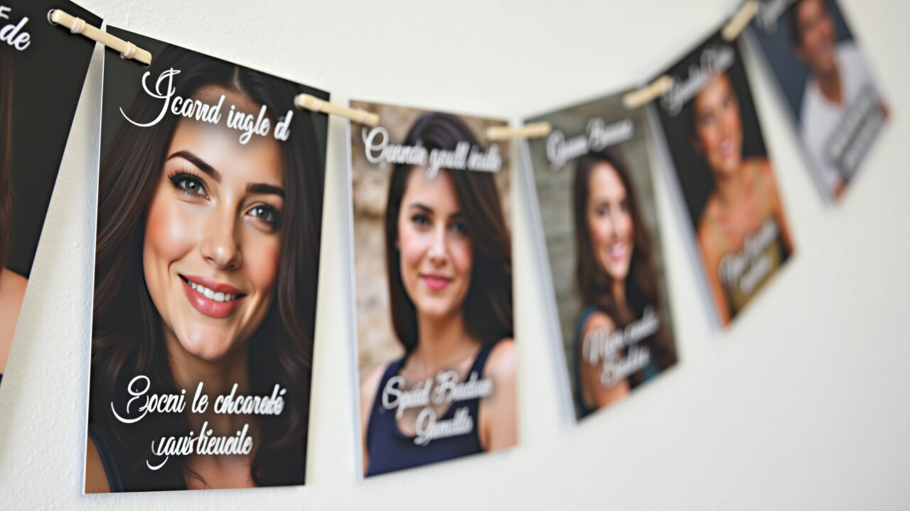 Varal de fotos com letras de música.