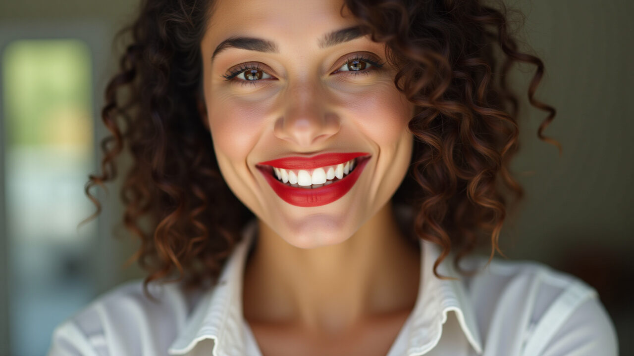 Mulher brasileira sorrindo com batom vermelho vibrante.