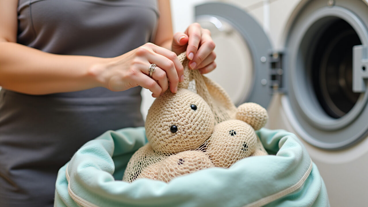 Mulher protegendo amigurumi em saco de lavagem antes de lavar na máquina.