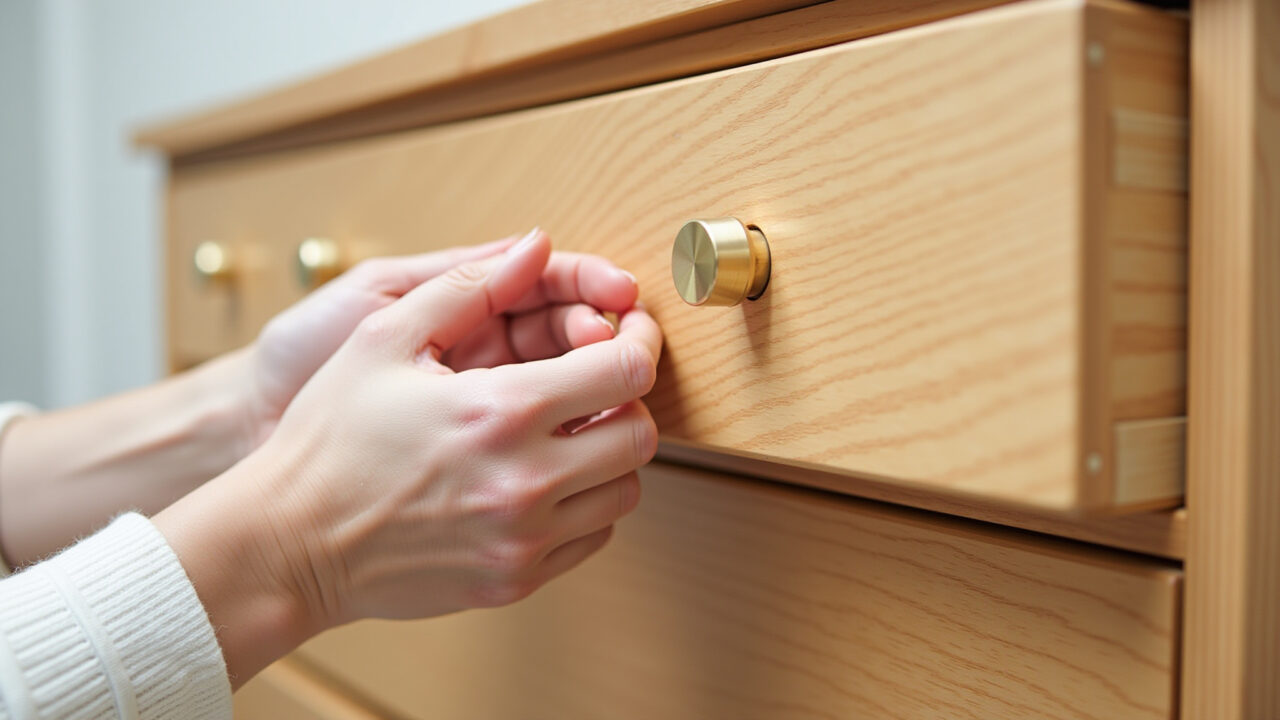 Close-up, professional photography of a woman's hands replacing a drawer pull on a wooden dresser, Mãos femininas trocando puxador de gaveta de madeira.