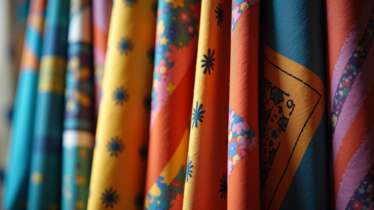 Detalhe vibrante de tecidos patchwork coloridos com padrões brasileiros.
