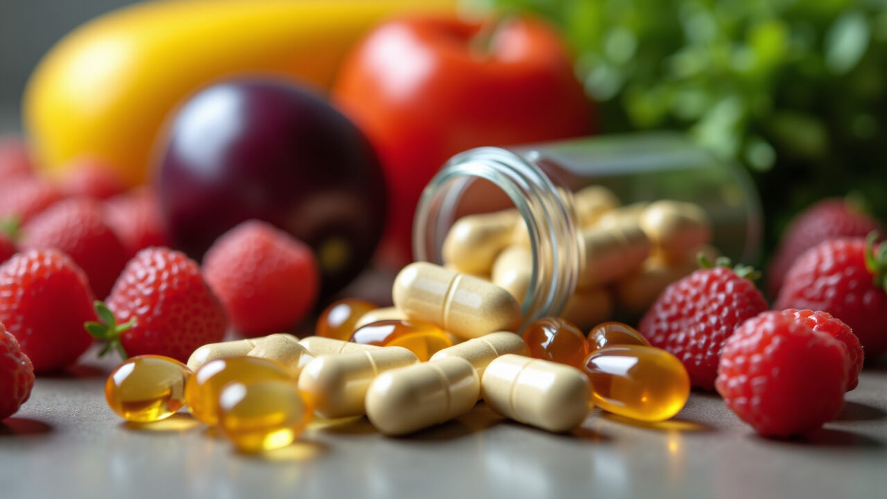 Vitaminas e suplementos para cabelo com frutas e vegetais frescos.