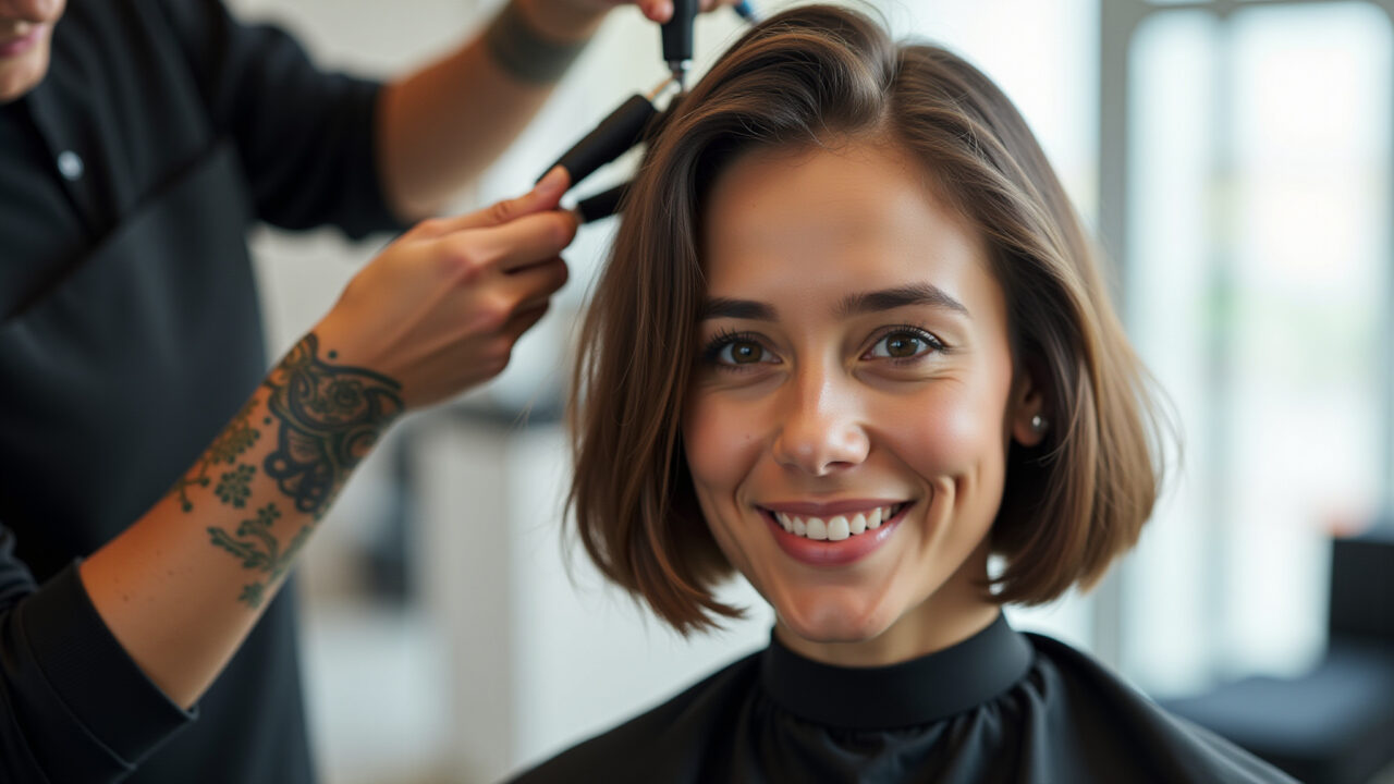 Mulher com cabelo fino recebendo corte bob em camadas para dar volume.