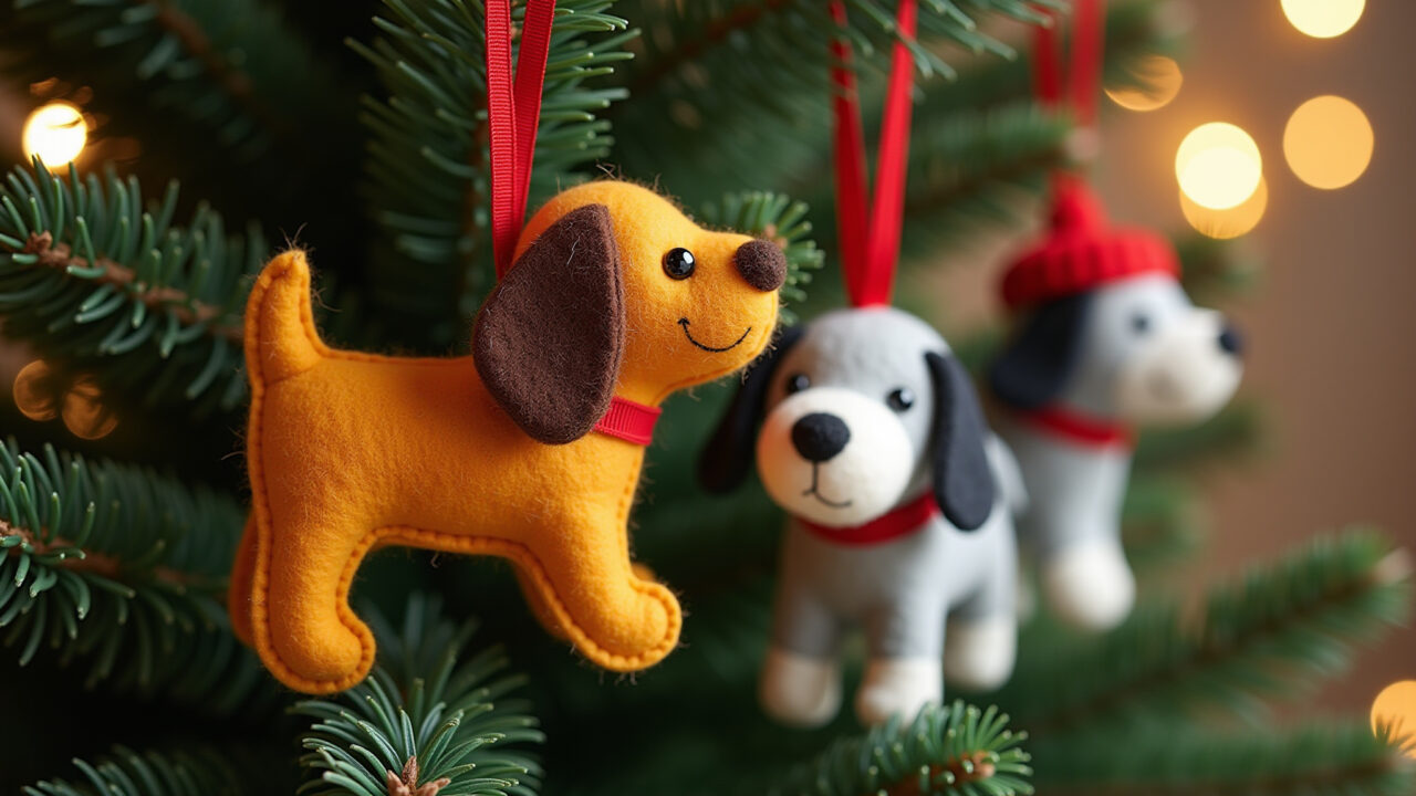Enfeites de feltro de cachorros em árvore de Natal.