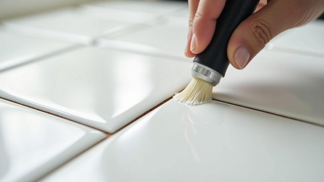 Aplicação de rejunte branco entre azulejos cerâmicos.