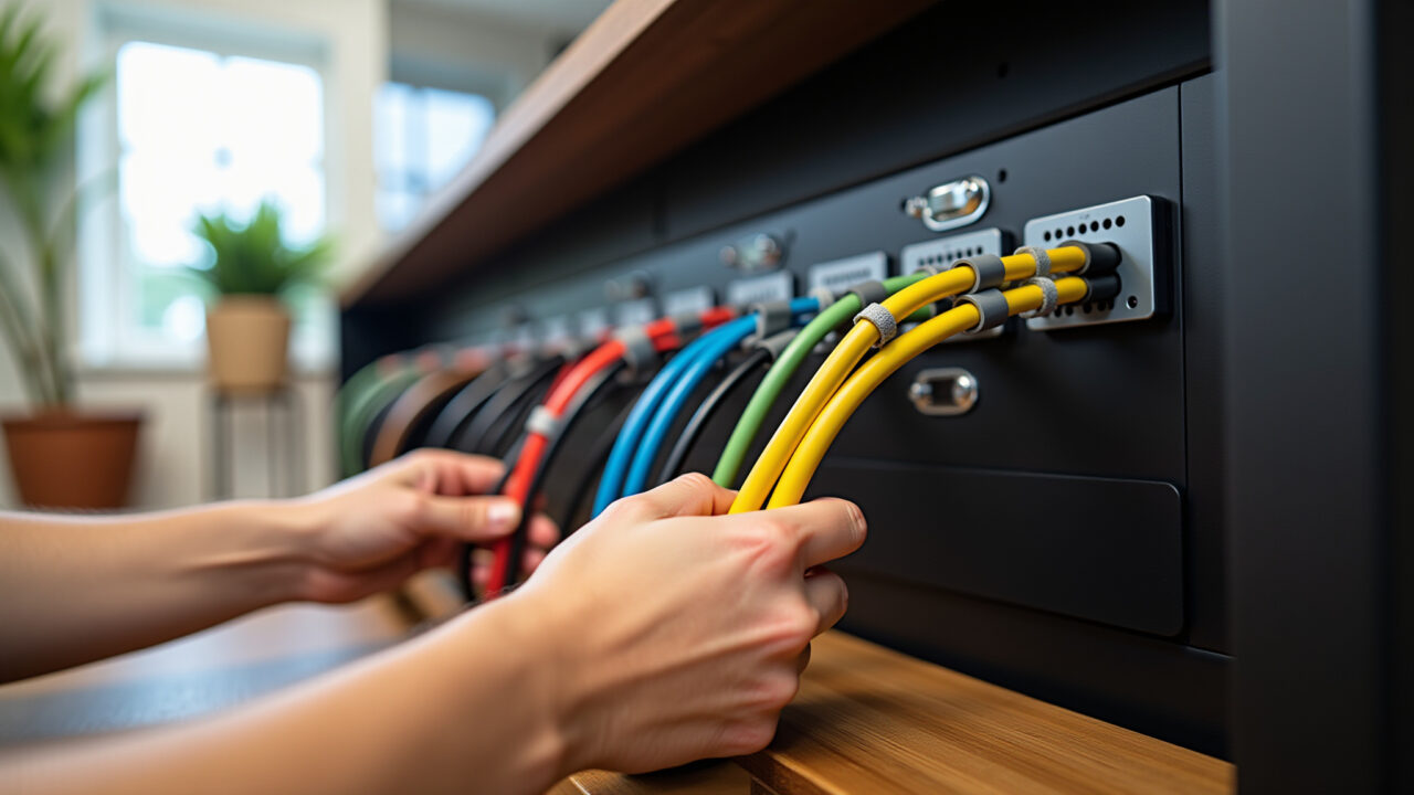 Mãos organizando cabos coloridos com velcro atrás de TV.