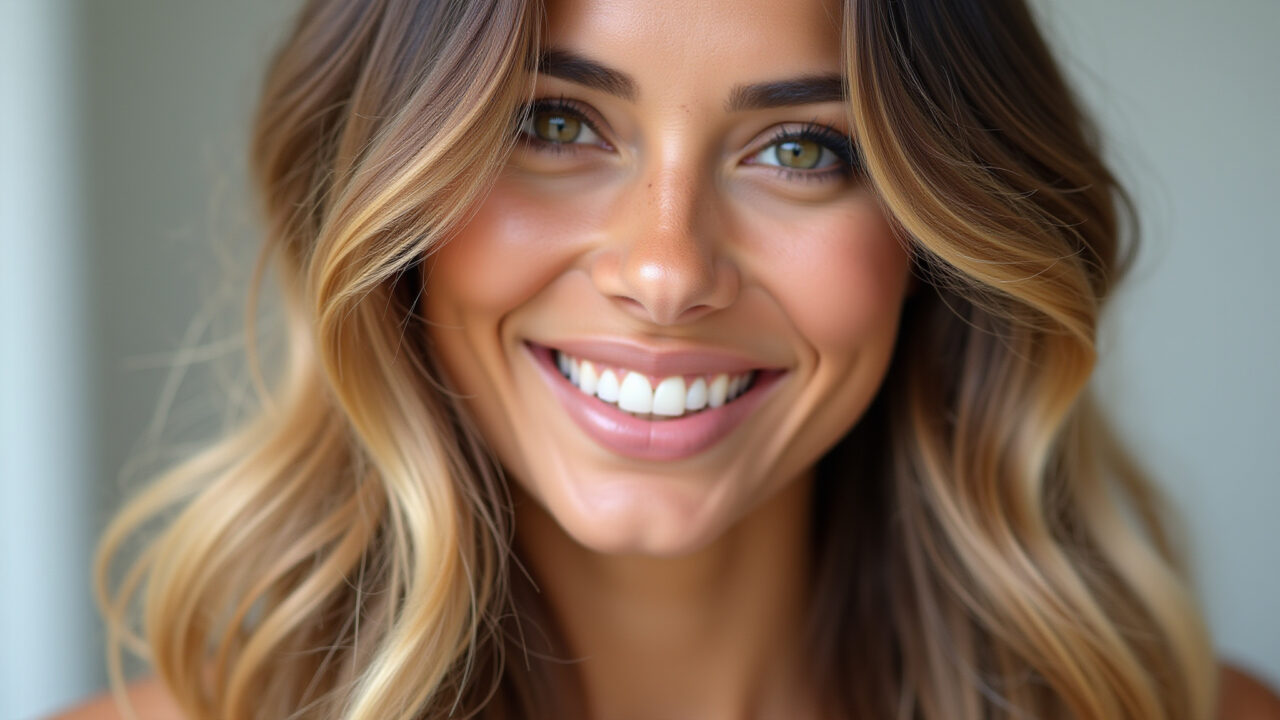 Cabelo ombré hair loiro mel, iluminado e natural.