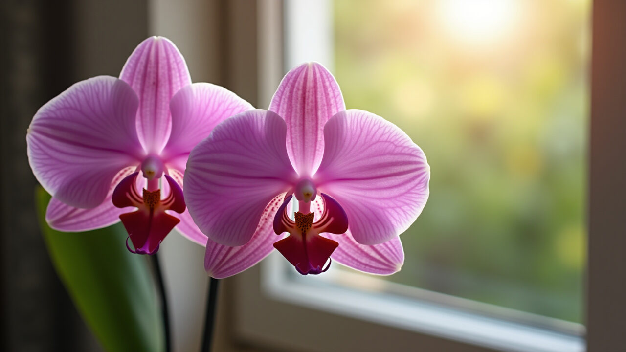 Orquídeas Phalaenopsis vibrantes em detalhes, iluminação natural.