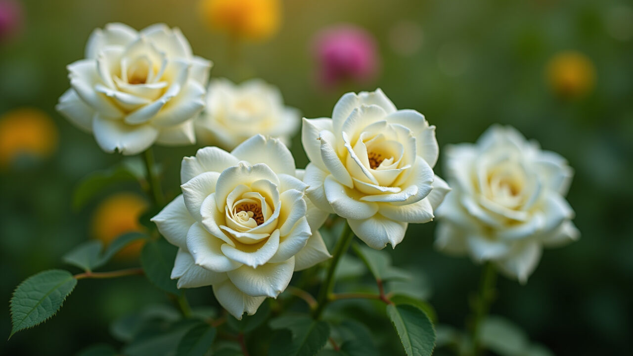 Rosas brancas exuberantes em um jardim sereno.