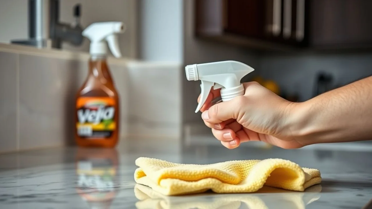 Limpeza de bancada de cozinha com produto multiuso e pano de microfibra.