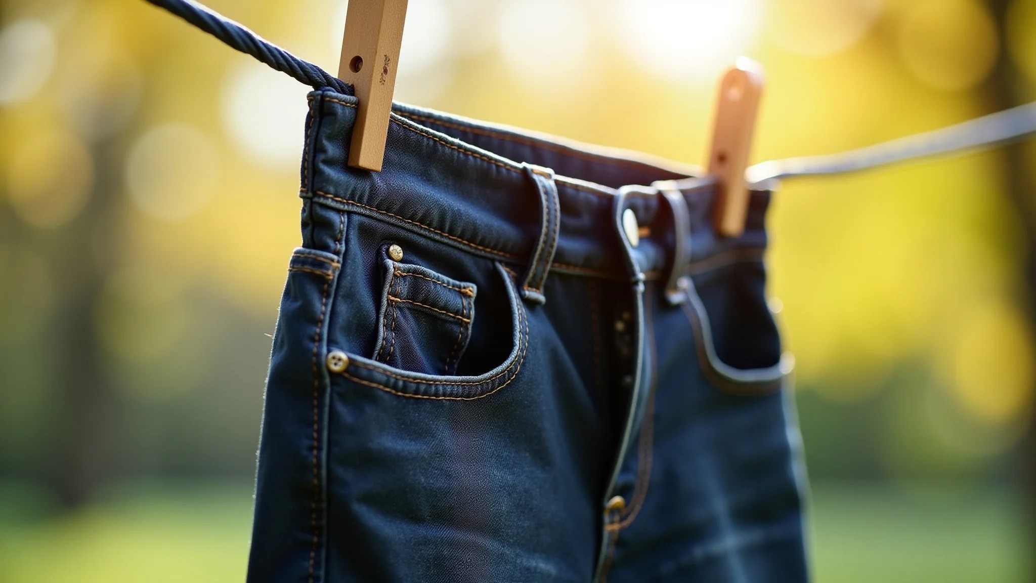 Close up de calça jeans preta recém tingida pendurada no varal, luz do sol.