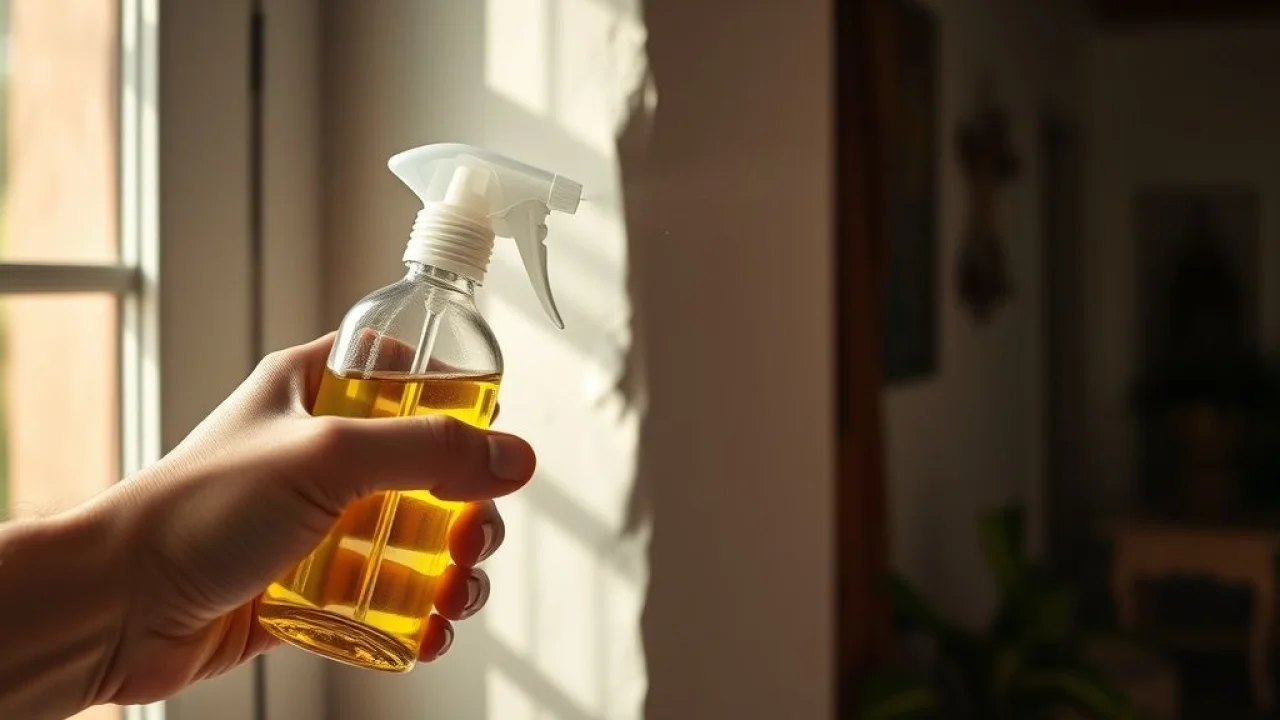 Pulverizando solução de hortelã-pimenta em canto de parede para espantar aranhas.