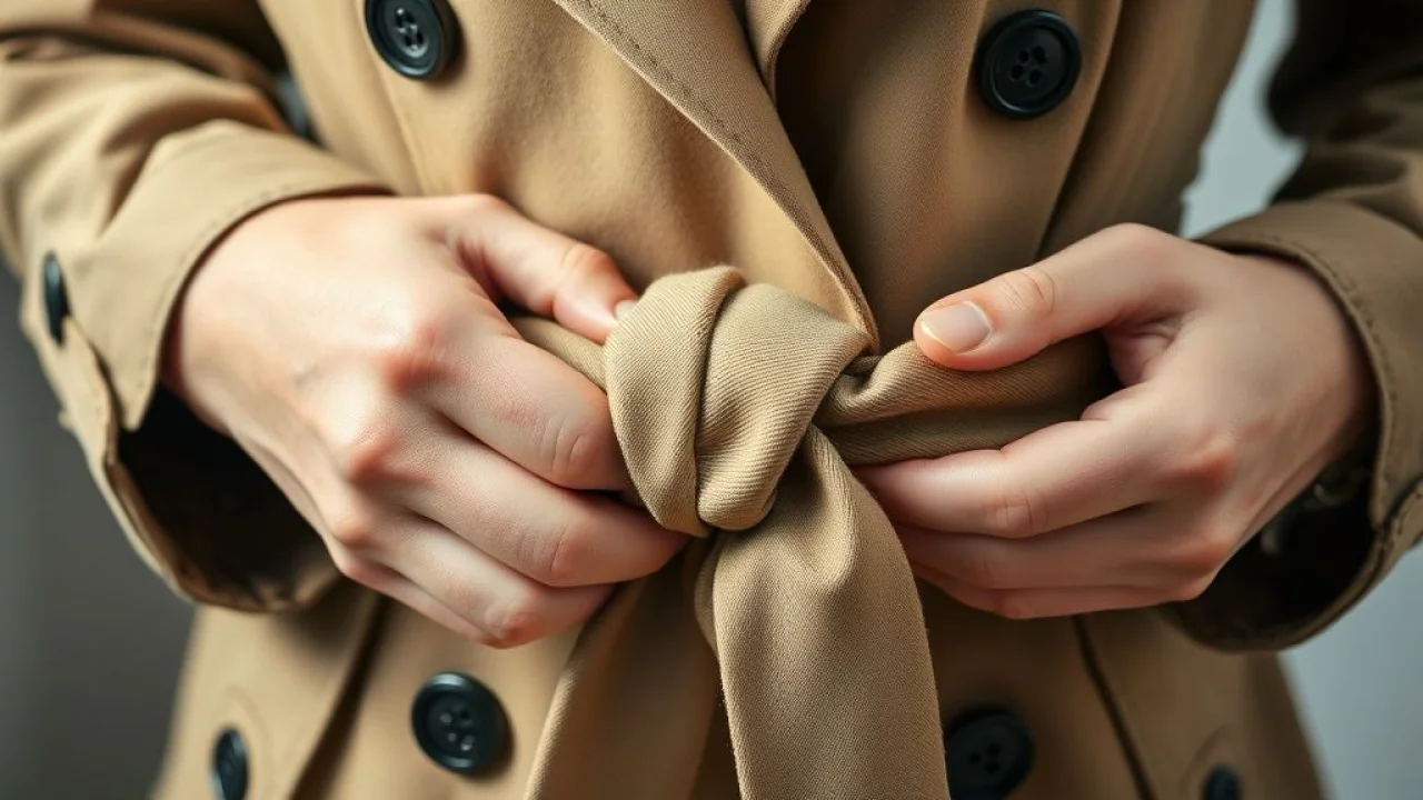 Detalhe das mãos amarrando o cinto de um trench coat com um nó lateral estiloso.
