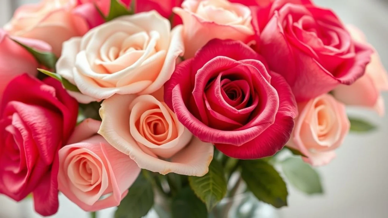 Close de rosas artificiais realistas em vaso de vidro, detalhes e texturas.