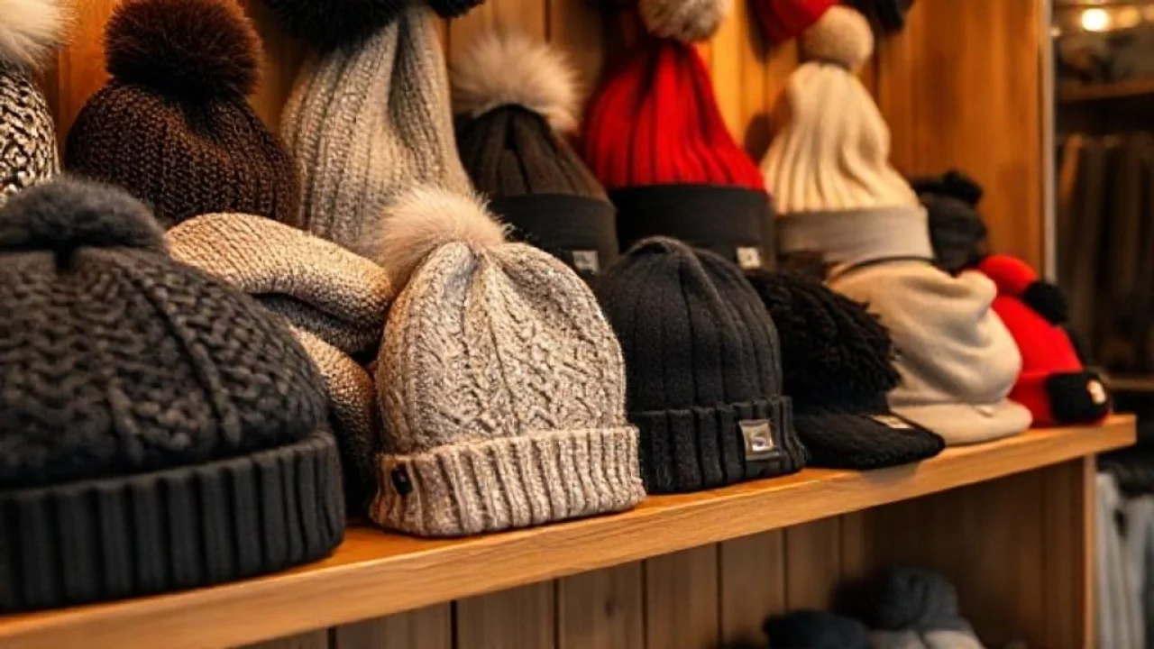 Variedade de toucas e gorros estilosos em uma prateleira de loja brasileira.