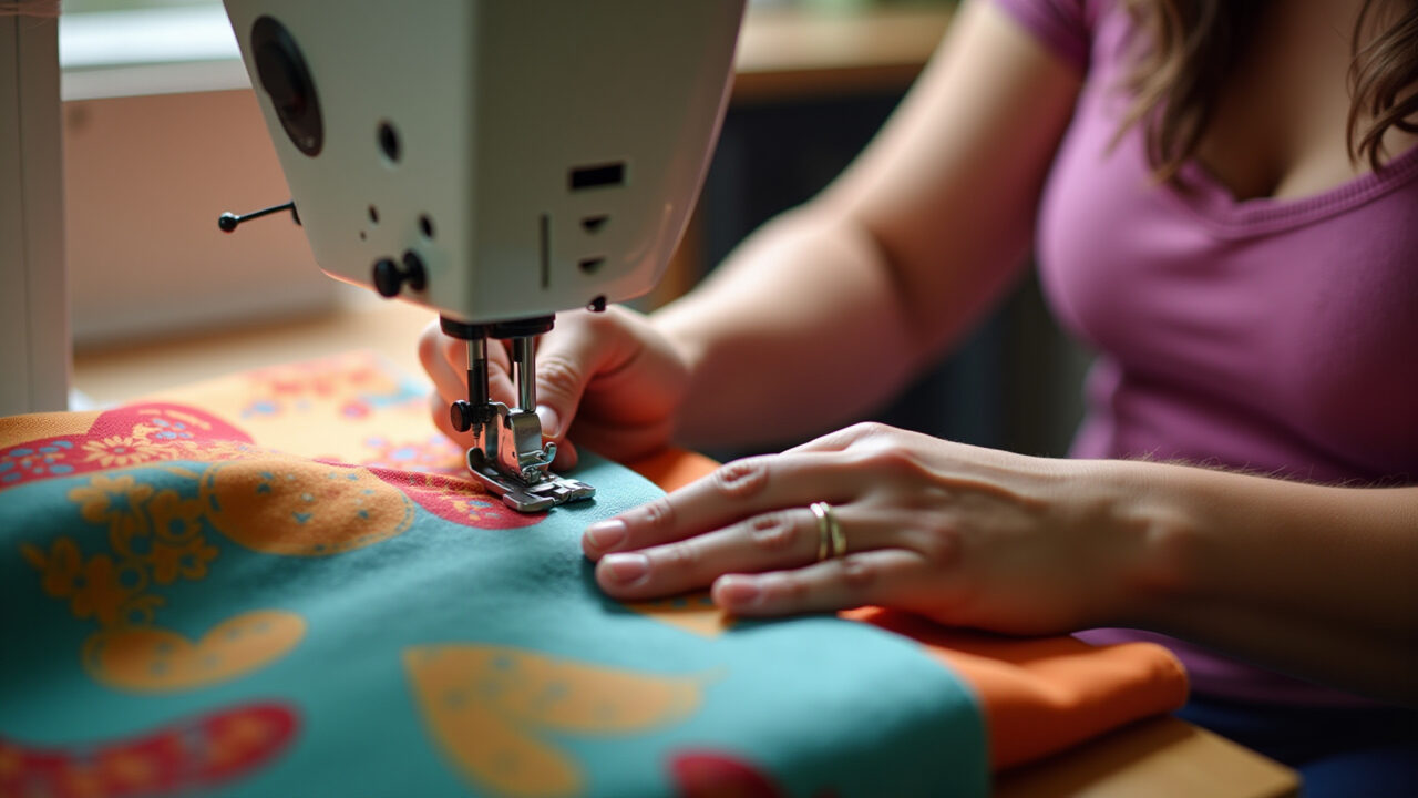 Costura criativa para iniciantes: mãos habilidosas criando um projeto colorido.