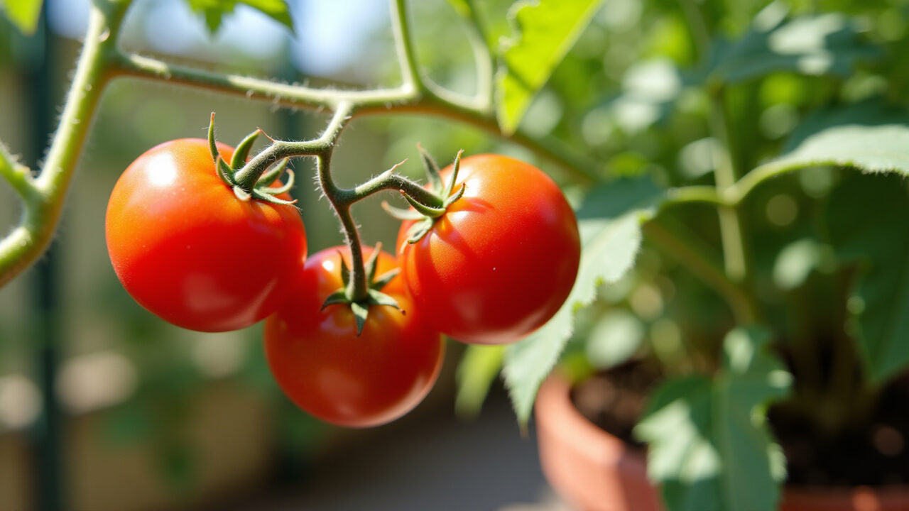 Tomates cereja maduros crescendo em vaso.